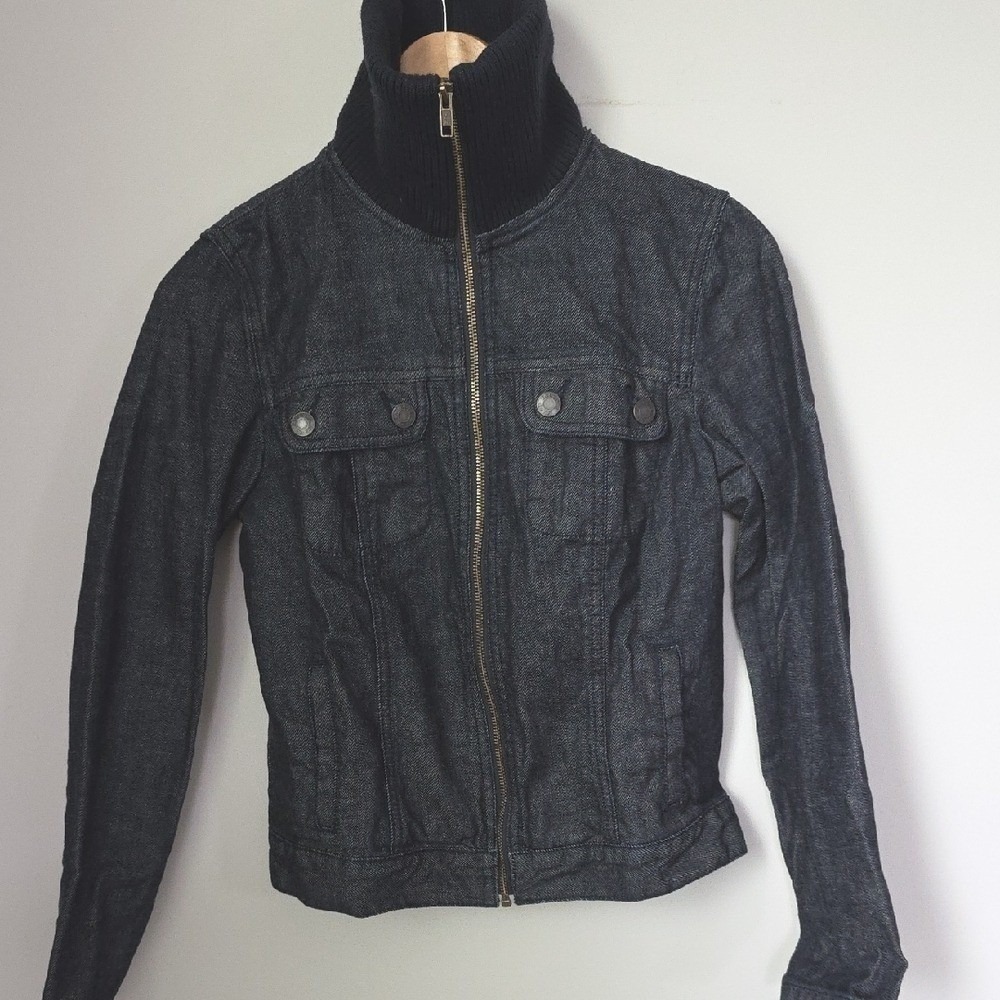 Talbots Dark Wash Denim Jacket Ribbed Knit Funnel Neck Full Zip Blue Womens S